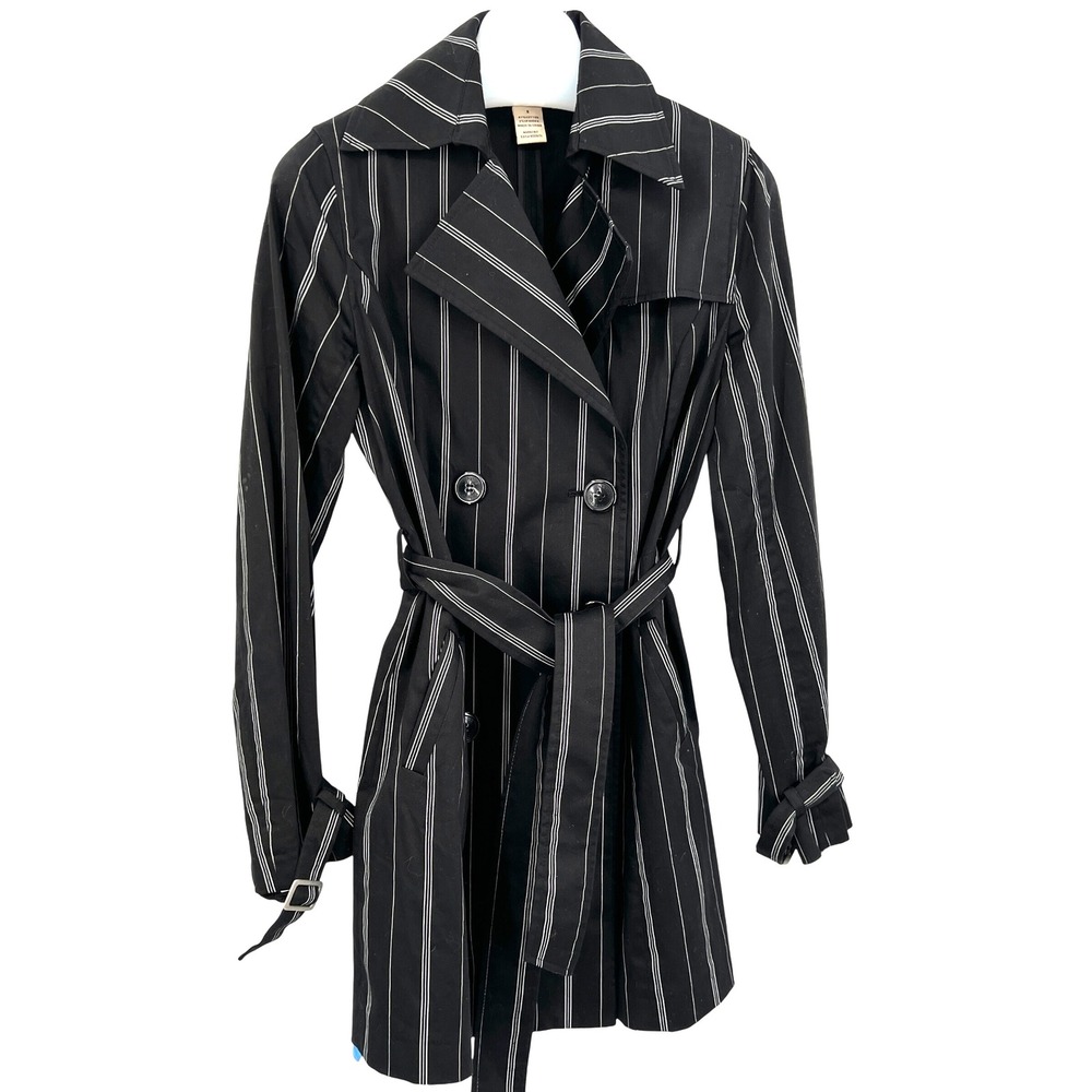 Vertigo Paris Black White Striped Trench Coat‎ Size S Mobwife Preppy Goth